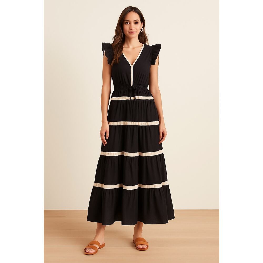 Aureum Collective V-Neck Ruffle Sleeve Maxi Dress Black White Cotton Size XS